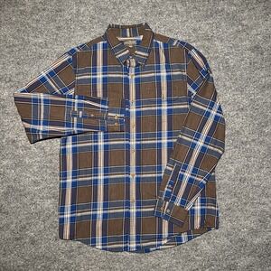 LL Bean Signature Slim Fit Brown Blue‎ Plaid Long Sleeve Men's Flannel Size LT